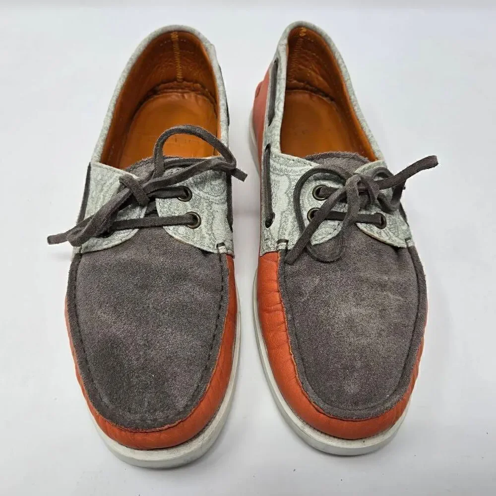 ETRO MILANO ORANGE BROWN LEATHER PAISLEY BOAT SHOES MENS SIZE 41 US 8